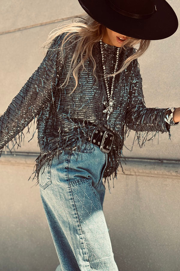 Cardydony Women's Party Crasher Sequin Tassle Fabric Long Sleeve Loose Top