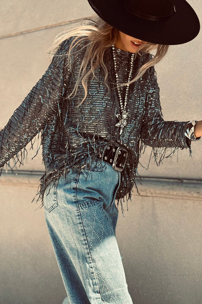 Cardydony Women's Party Crasher Sequin Tassle Fabric Long Sleeve Loose Top