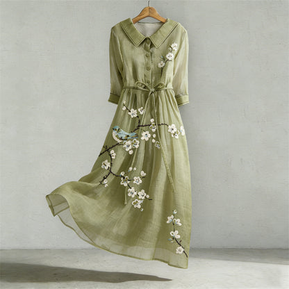Cardydony Bird & Plum Blossom Japanese Art Flowy Maxi Dress