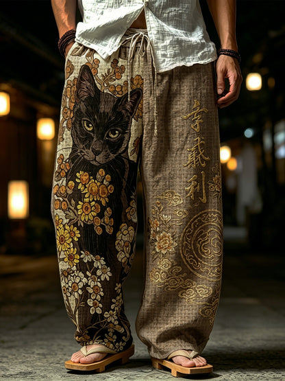 Cardydony Men's Japanese Art Floral, Cat And Calligraphy Printed Casual Trousers