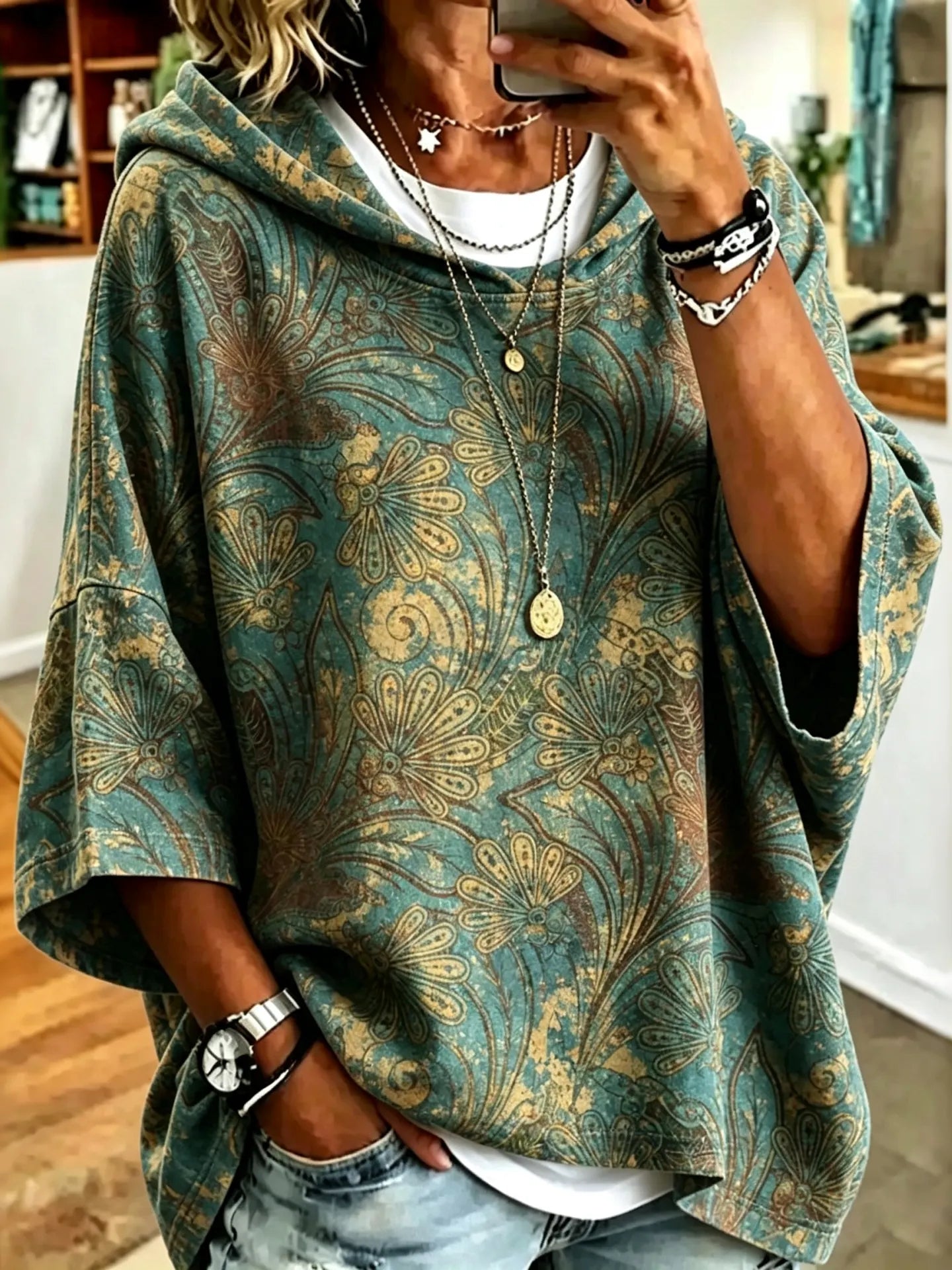 Cardydony Women's Boho Distressed Teal Paisley Floral Peacock Floral Print Hooded Sweatshirt
