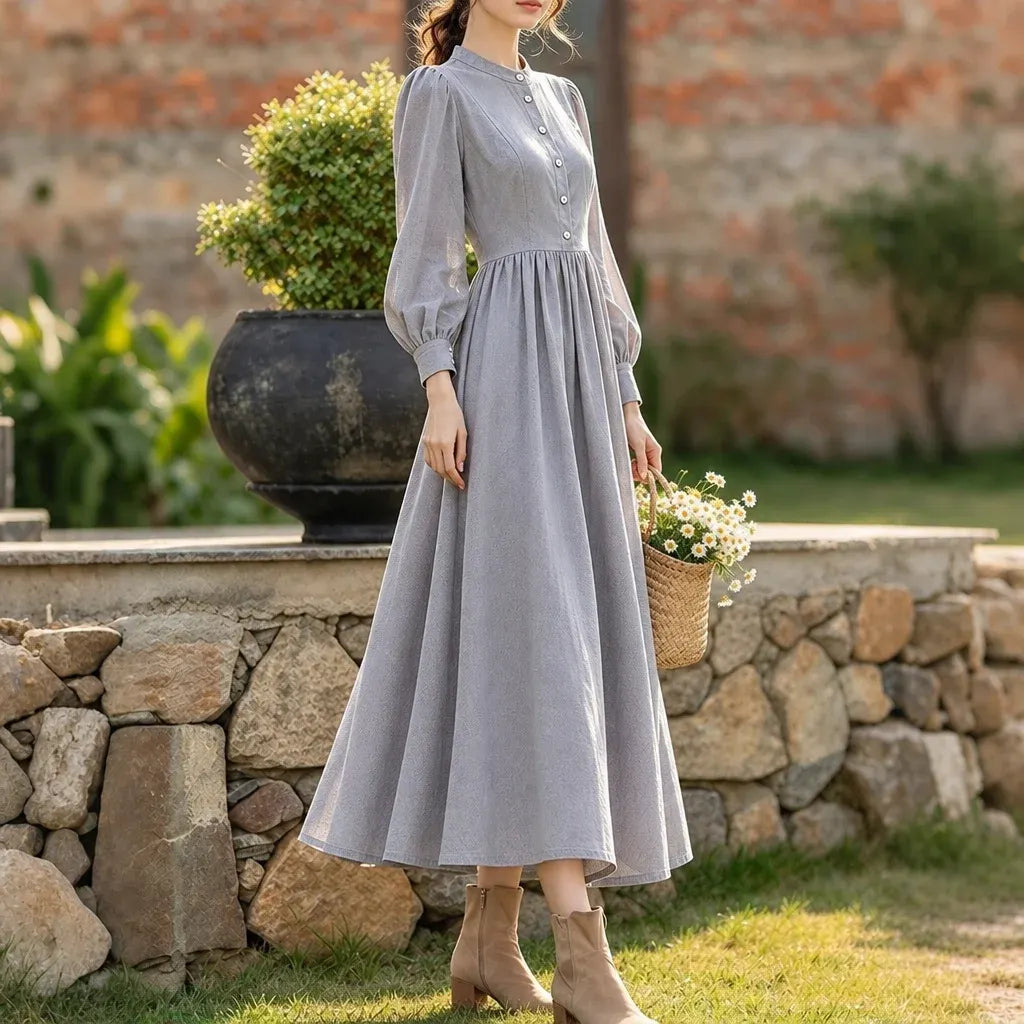 Cardydony Women's Vintage Solid Stand Collar Button Front A-Line Maxi Dress