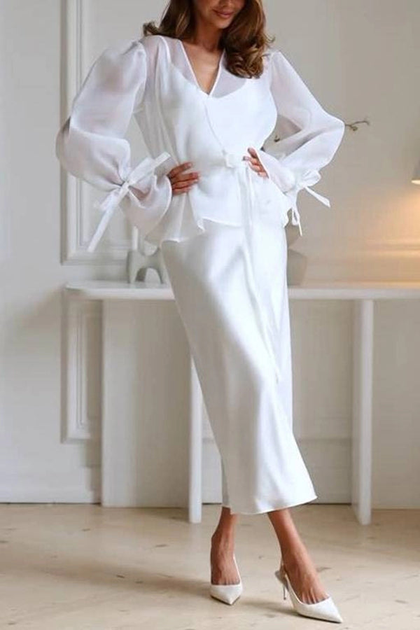 Cardydony Women's Graceful Party Tulle Knotted Long Sleeve Kimono Top and Satin Slip Midi Dress Set