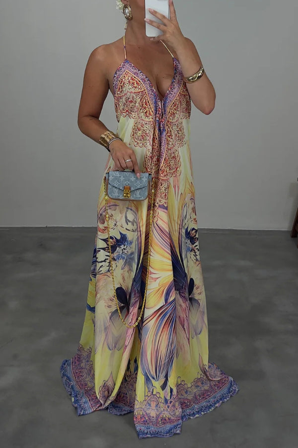 Cardydony Women's  Bohemian Style Unique Print Sleeveless Backless Loose Maxi Dress