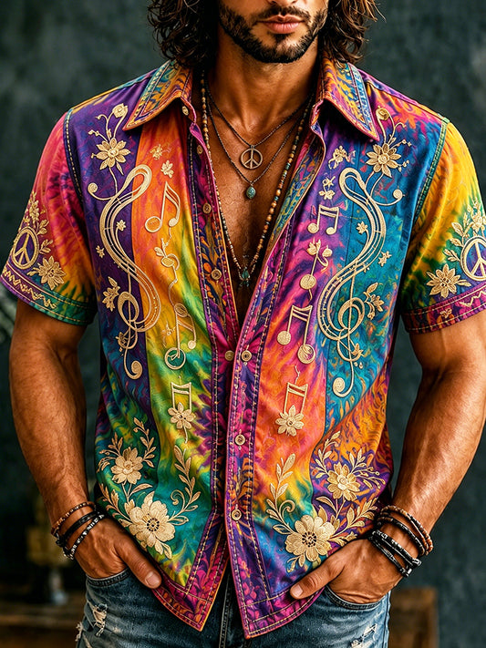 Comstylish Men's Retro Hippie Floral With Note Embroidery Art Short Sleeve Shirt