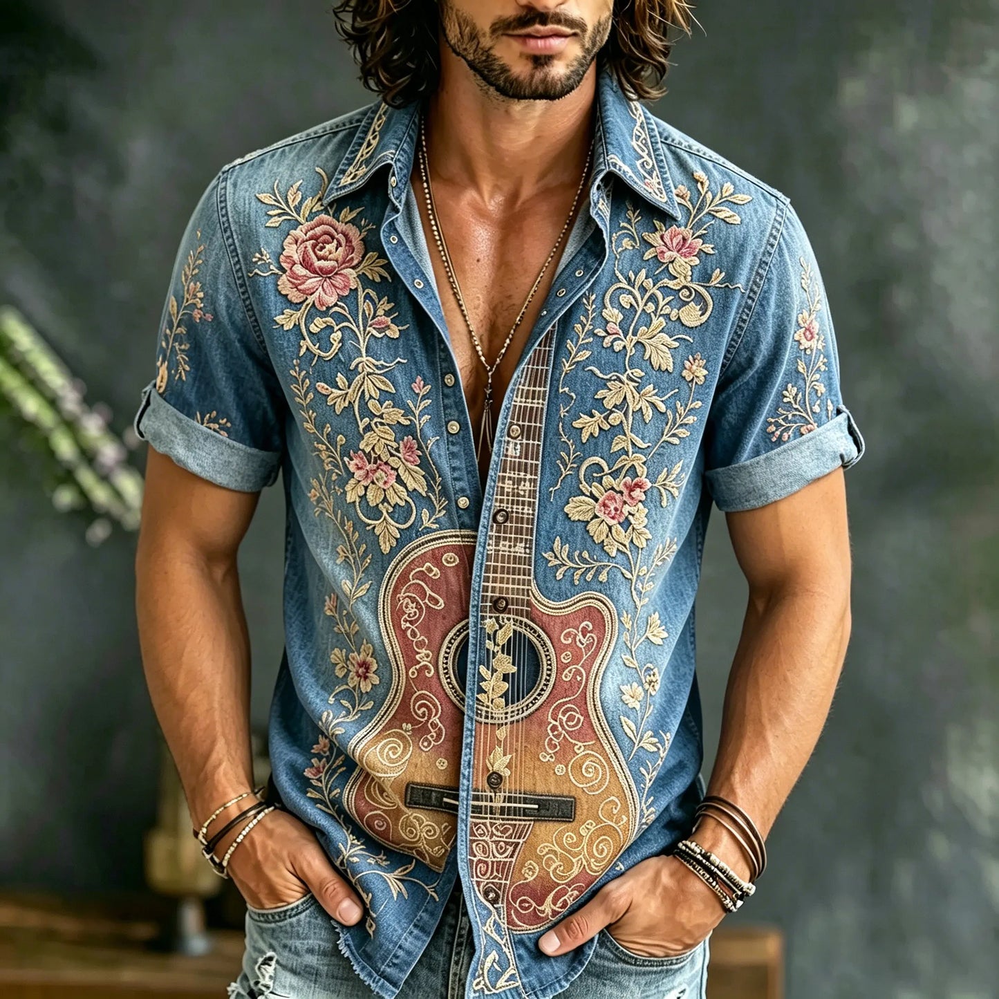 Cardydony Men's Retro Bohemian Hippie Floral With Guitar Embroidery Patterns Short-sleeve Shirt