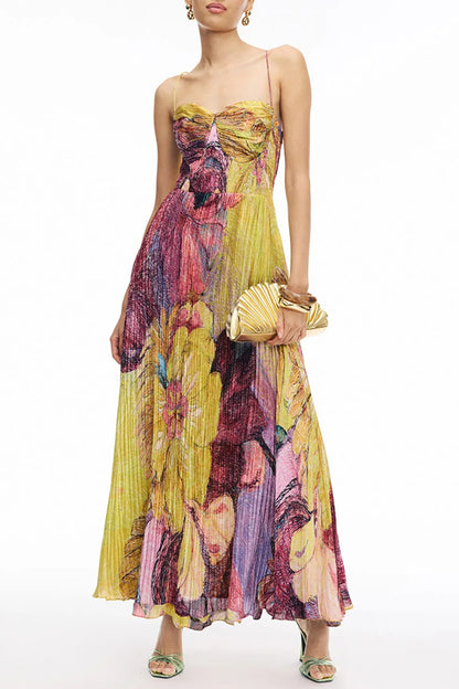Cardydony Women's Vibrant and Bold Floral Print Sweetheart Neck Pleated Maxi Dress