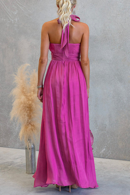 Cardydony Women's Coral Textured Metallic Chiffon Material High Tie Neck Ruffles Maxi Dress