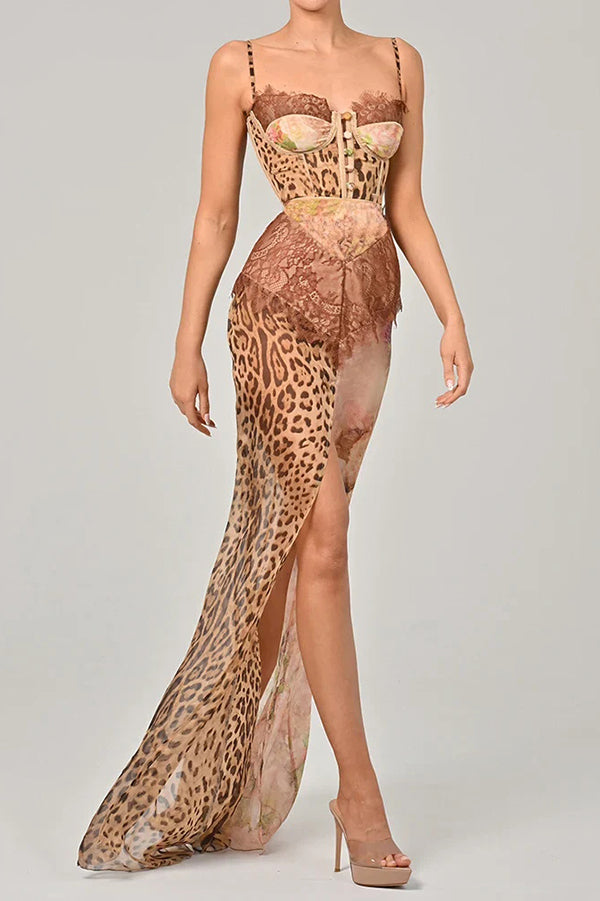 Cardydony Women's Chiffon Leopard Print Sexy Lace Splicing High Slit Slim Maxi Dress