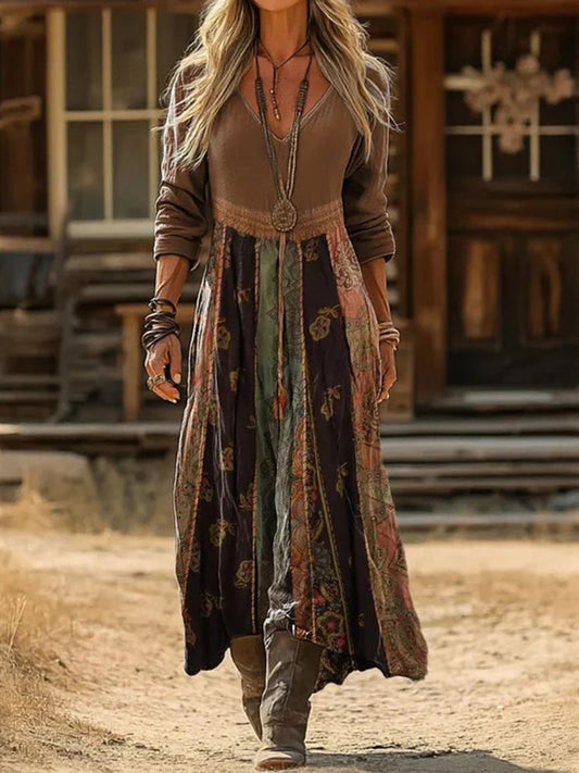 Cardydony Vintage Floral Patchwork Art Pattern Linen Blend V-neck Loose Long Sleeve Midi Dress
