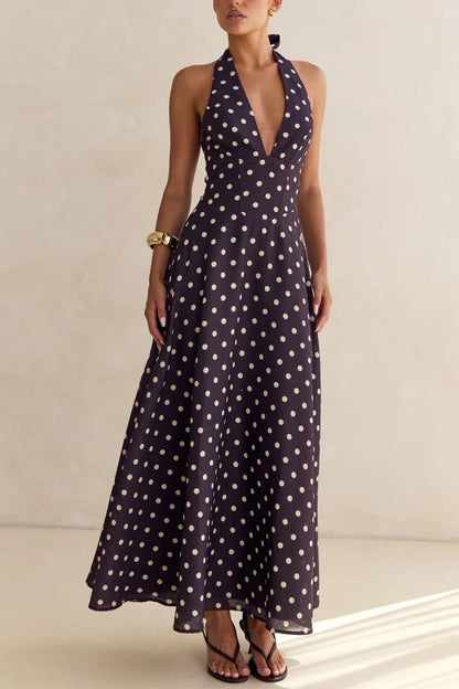 Cardydony Women's Floral Print V-neck Backless Tie-up Fitted Waist Elegant Maxi Dress