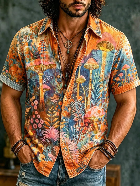 Comstylish Men's Retro Hippie Psychedelic Mushroom Forest Pattern Casual Washed Shirt