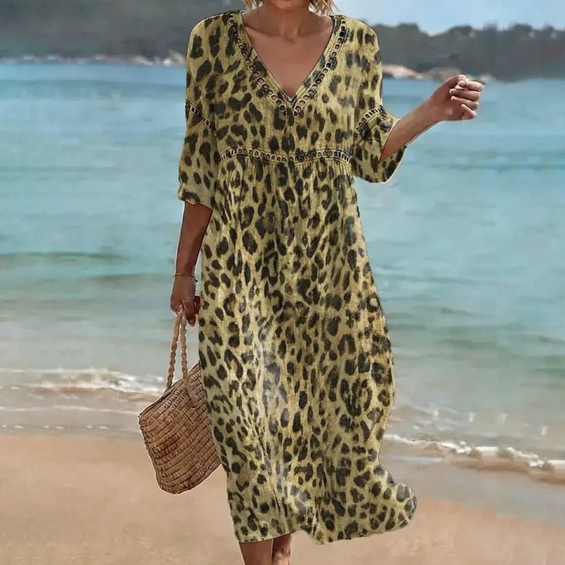 Cardydony Women's Leopard Art Pattern Linen Blend Loose Three-quarter Sleeve V Neck Dress