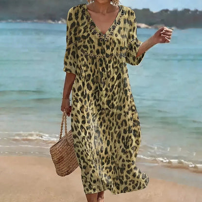 Cardydony Women's Leopard Art Pattern Linen Blend Loose Three-quarter Sleeve V Neck Dress
