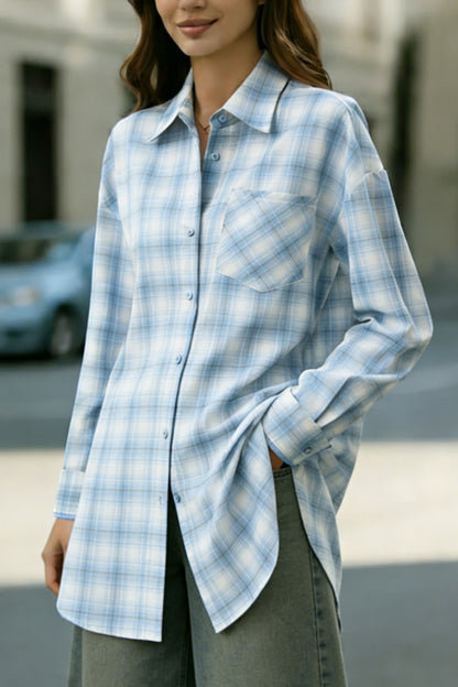 Cardydony Women's Plaid Print Loose Collar Long Sleeve Pockets Casual Shirt