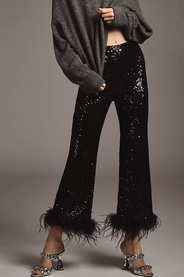 Cardydony Women's New Year Eve Sequin Feather Trim High Rise Back Zipper Flare Pants