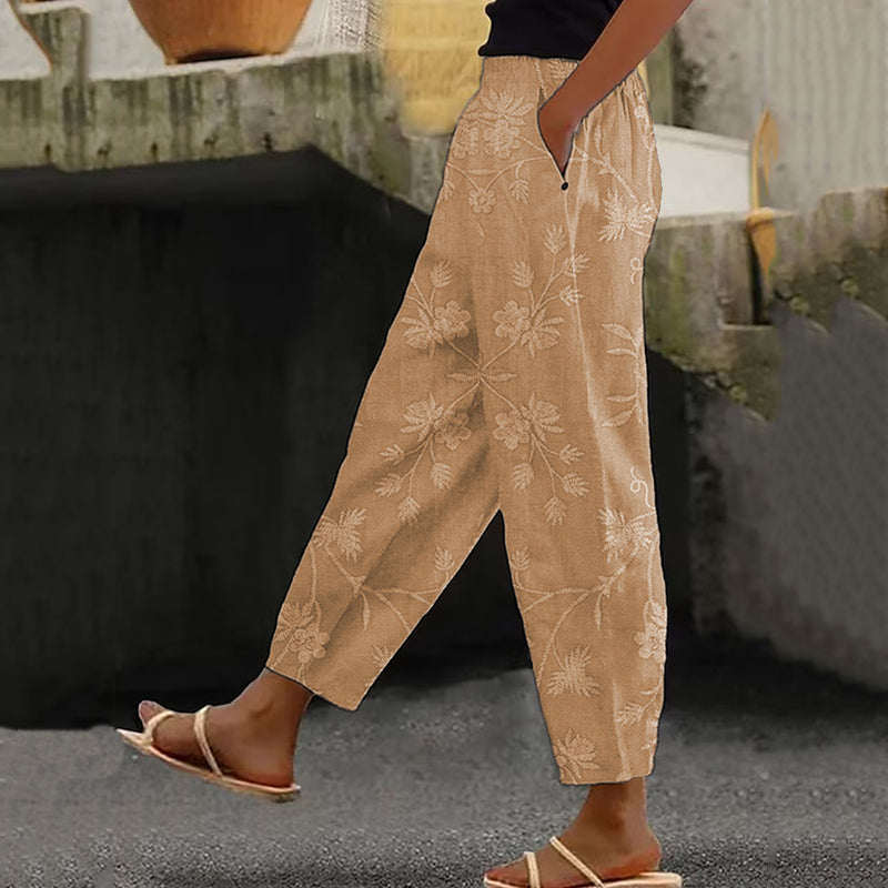 Cardydony Women's Vintage Floral Art Linen Casual Pants