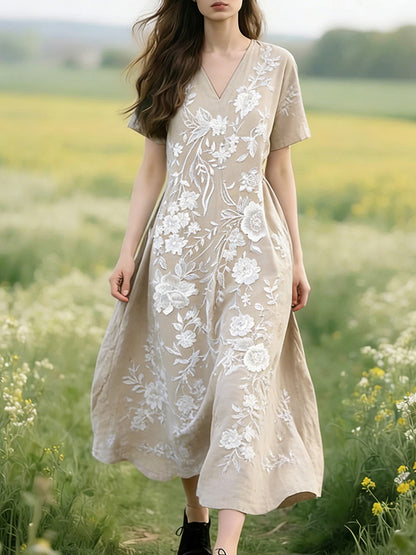 Cardydony Vintage Lace Floral Pattern V Neck Linen Maxi Dress