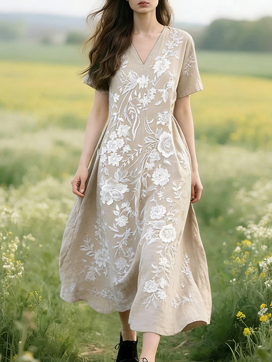 Cardydony Vintage Lace Floral Pattern V Neck Linen Maxi Dress