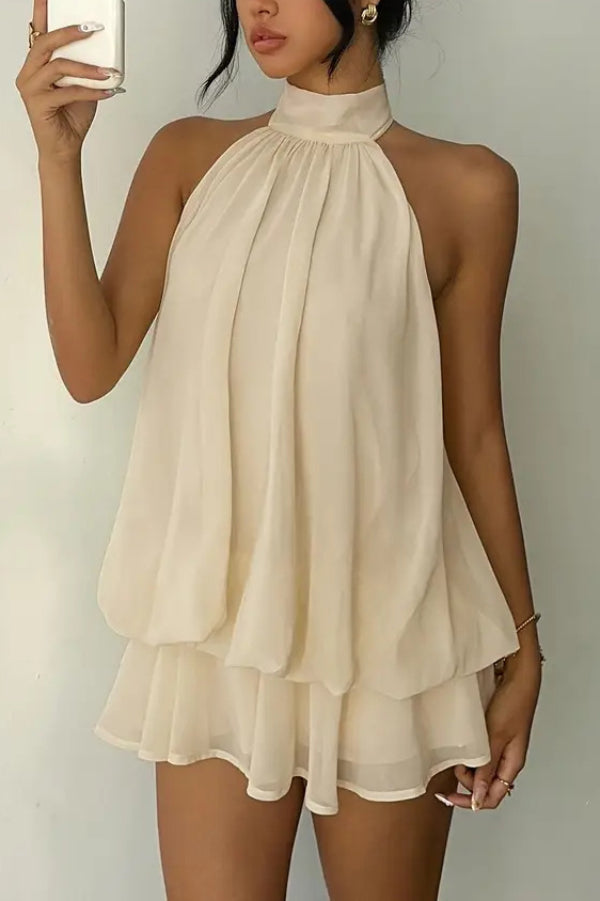 Cardydony Women's  Fashionable Chiffon Halter Neck Backless Lace-up Casual Vacation Mini Dress