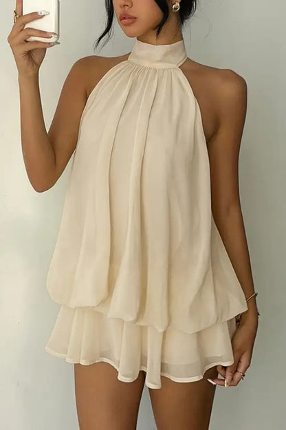 Cardydony Women's  Fashionable Chiffon Halter Neck Backless Lace-up Casual Vacation Mini Dress