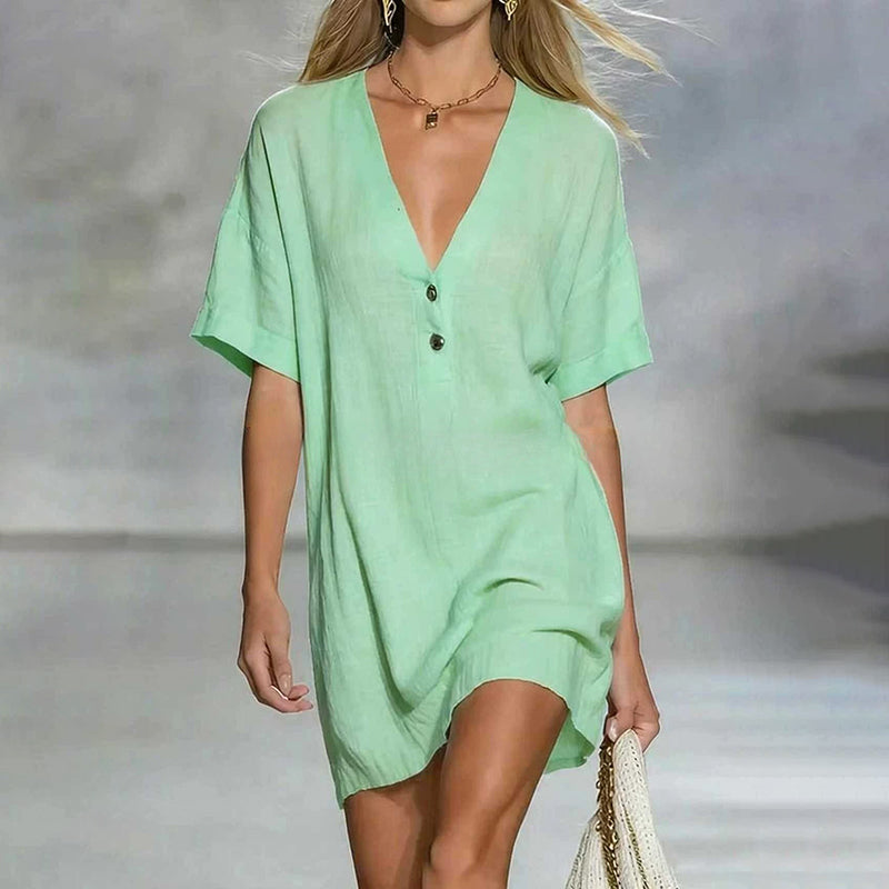Cardydony Cozy Cotton And Linen Button V-neck Mini Dress