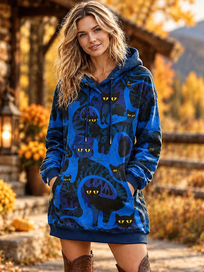 Cardydony Women's Vintage Black Cat Allover Print Oversized Hooded Sweatshirt