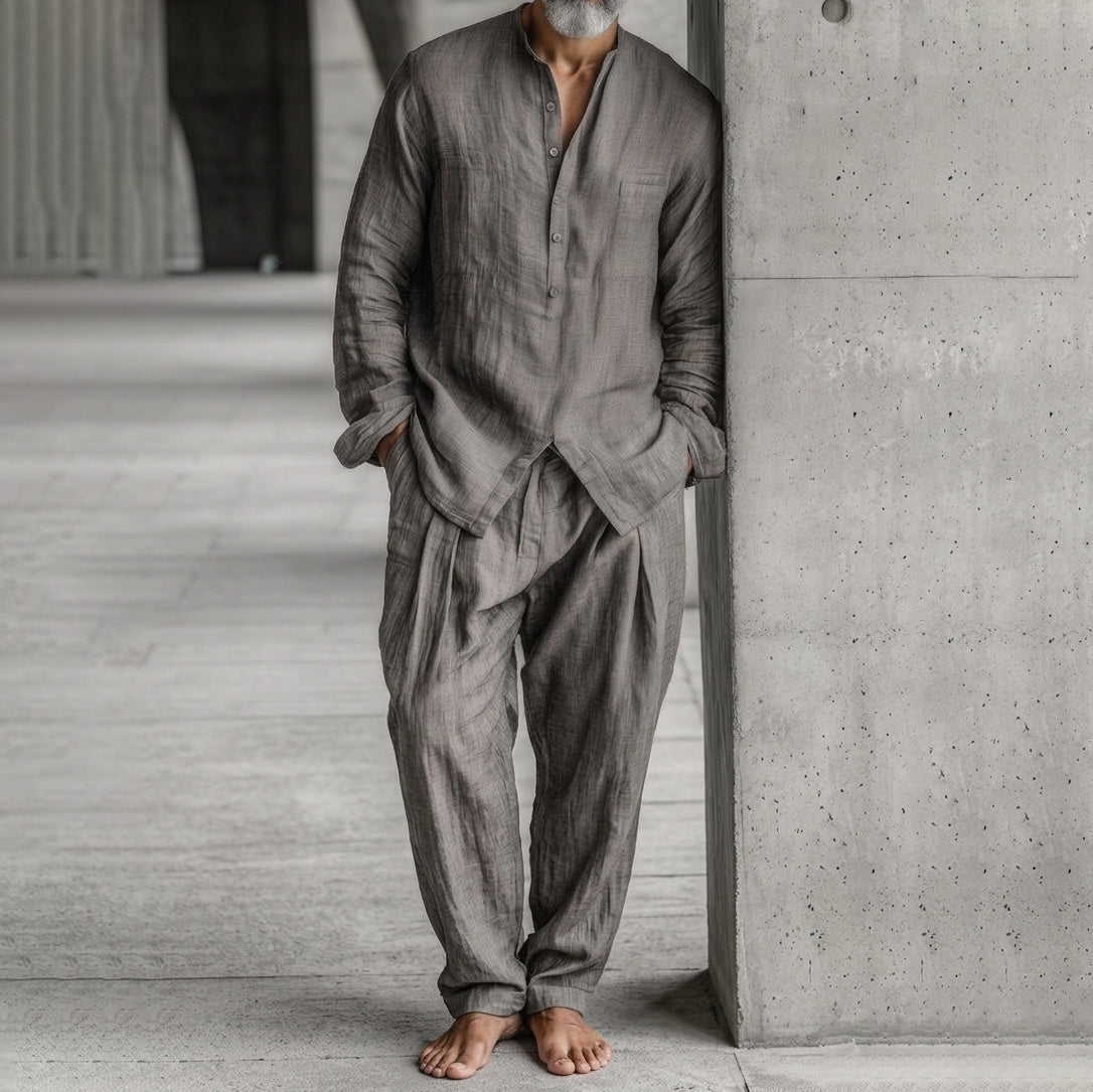 Cardydony Men's Linen Natural Style Simple Shirt And Pants Set