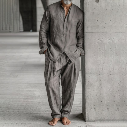 Cardydony Men's Linen Natural Style Simple Shirt And Pants Set