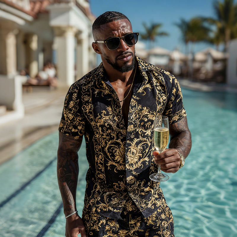 Cardydony Men's Fashion Baroque Pattern Cuban Shirt And Shorts Two-piece Set