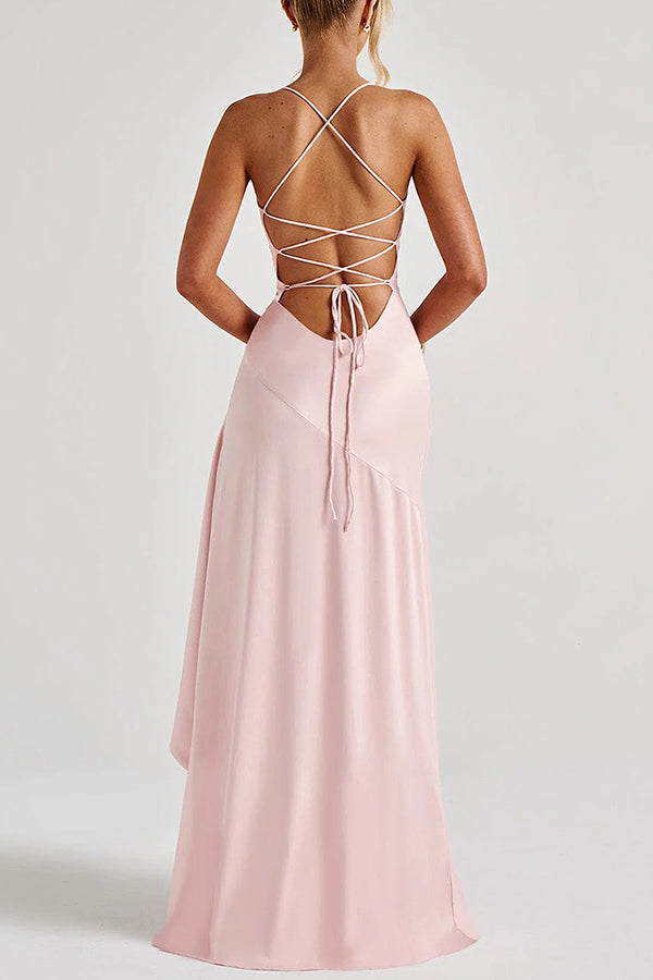 Cardydony Women's Solid Color Sexy Backless Lace-up Irregular Ruffled Maxi Dress