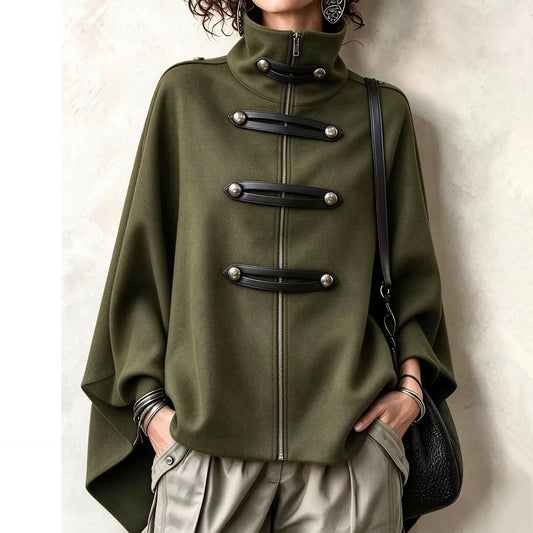 Cardydony Women's Fall Winter Cozy Stand-collar Stud-embellished Zippered Cape Coat