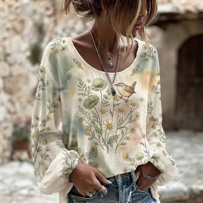 Cardydony Women's Bohemian Watercolor Wildflower And Bird Print Long Sleeve Scoop Neck Blouse