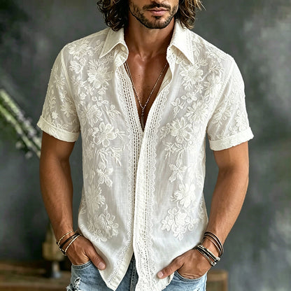 Cardydony Men's Floral Art Embroidery Casual Cotton Linen Shirt