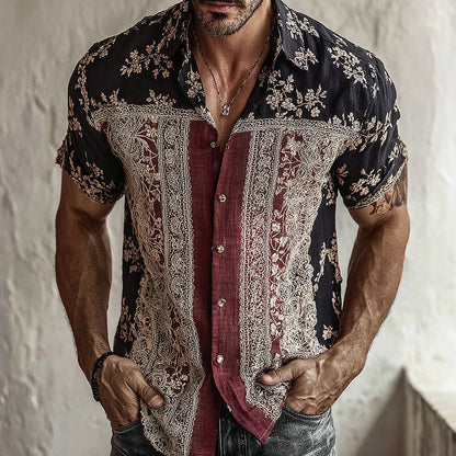 Cardydony Men's Retro Floral Patchwork Pattern Casual Shirt