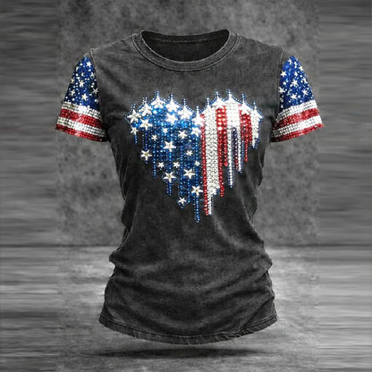Cardydony Women's Vintage Independence Day Flag Pattern Short-sleeve T-shirt