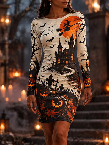Cardydony Women's Halloween Witch Haunted Castle Pumpkin Bodycon Dress