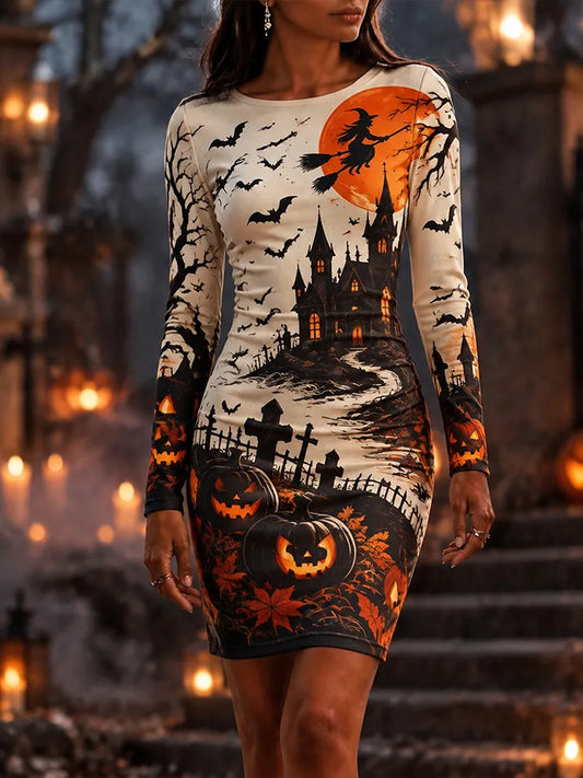 Cardydony Women's Halloween Witch Haunted Castle Pumpkin Bodycon Dress