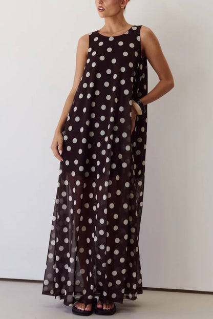 Cardydony Women's  Polka Dot Print Loose Round Neck Sleeveless Mesh Casual Maxi Dress