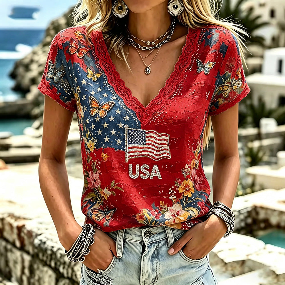 Cardydony Women's Independence Day Anniversary Flag Art Comfortable Cotton Linen V-neck Short Sleeve Top
