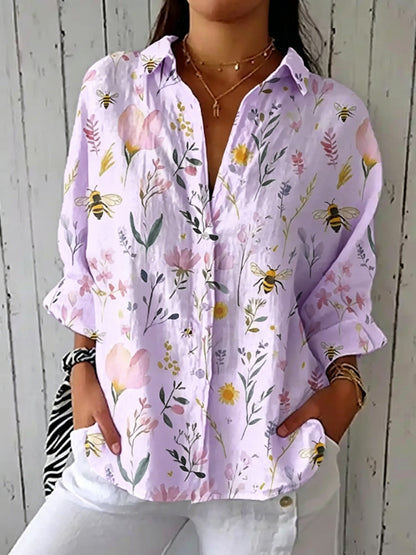 Cardydony Women's Vintage Bee Floral Art Print Casual Linen V-neck Shirt