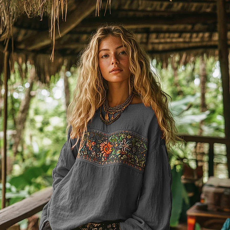 Cardydony Retro Bohemian Art Embroidery Print Cotton And Linen Blend Loose Blouse