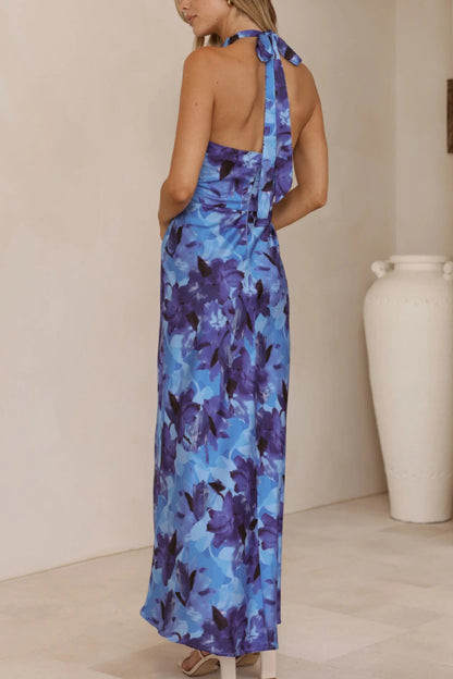 Cardydony Women's Floral Print Sleeveless Halter Neck Tie Holiday Maxi Dress