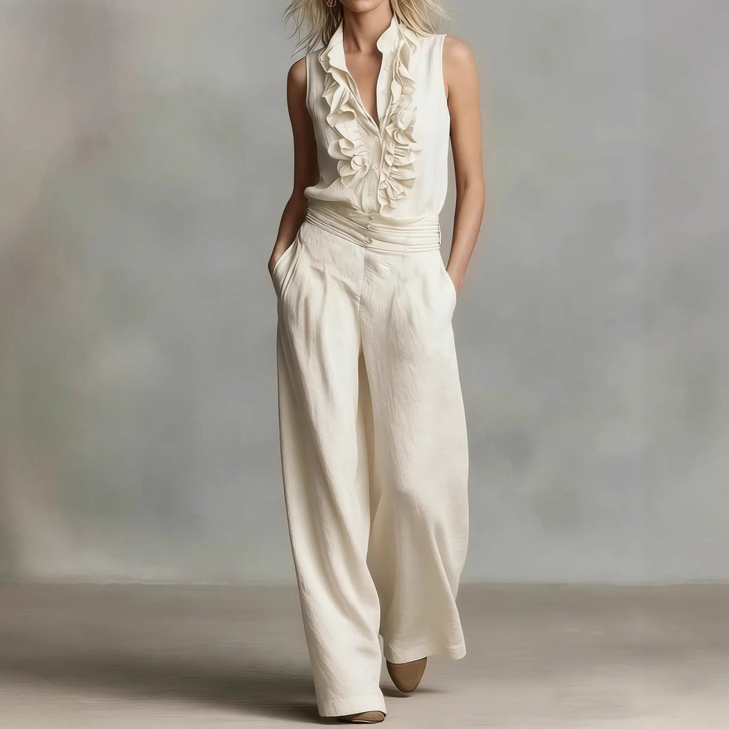 Cardydony Simple Linen Blend Sleeveless Shirt And Wide-leg Pants Set