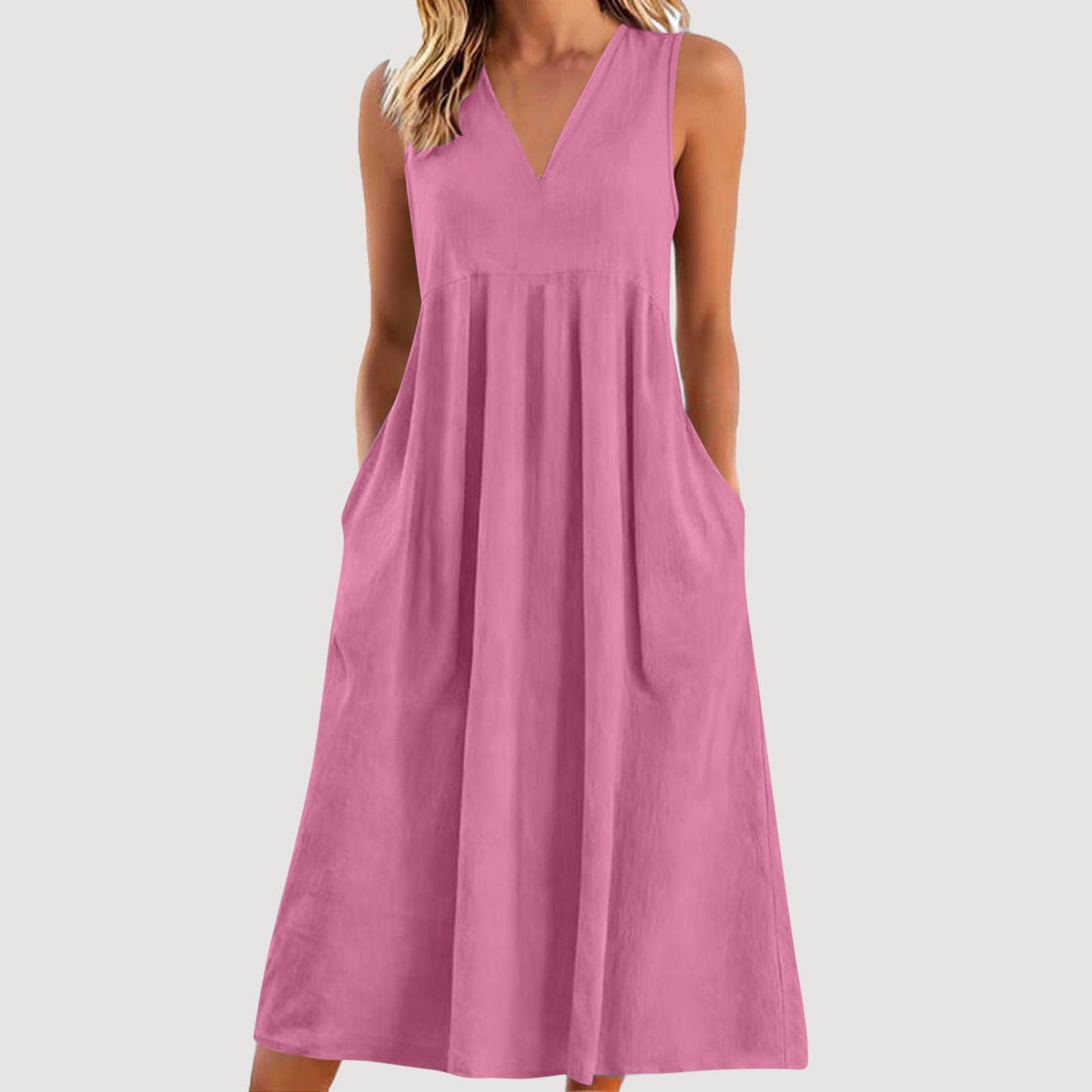 Cardydony Women's Solid Color V-neck Sleeveless Linen Blend Midi Dress