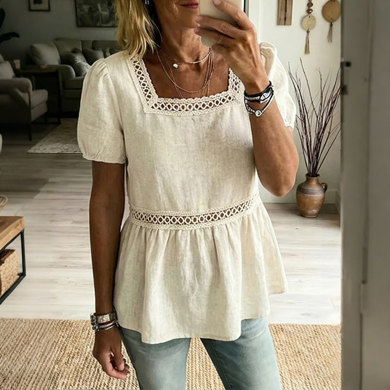 Cardydony Women's Vintage Elegant Openwork Cotton And Linen Top