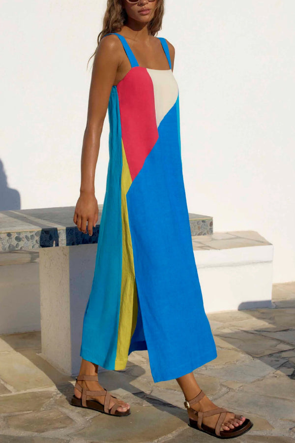 Cardydony Women's Fashionable Color-blocked Printed Square Neck Sleeveless Vacation-style Maxi Dress