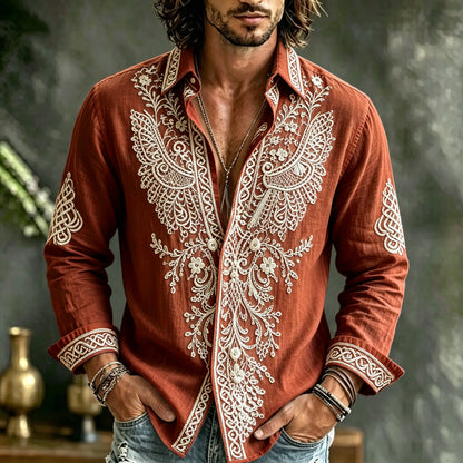 Cardydony Men's Spring Summer Viking Tribal Jacquard Wings And Floral Inspired Art Flowy Linen Blend Shirt