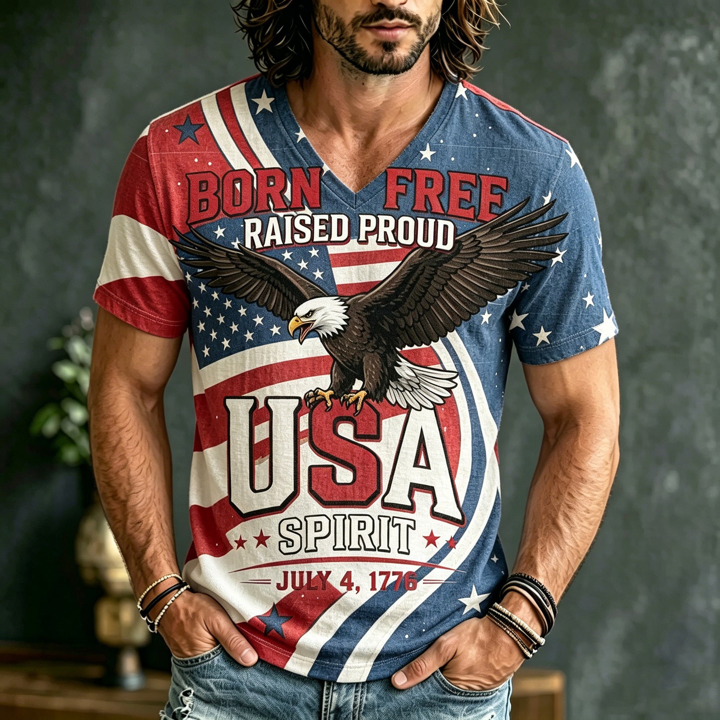 Cardydony Men's American Flag And Eagle Print Cotton And Linen Comfortable V-neck T-shirt