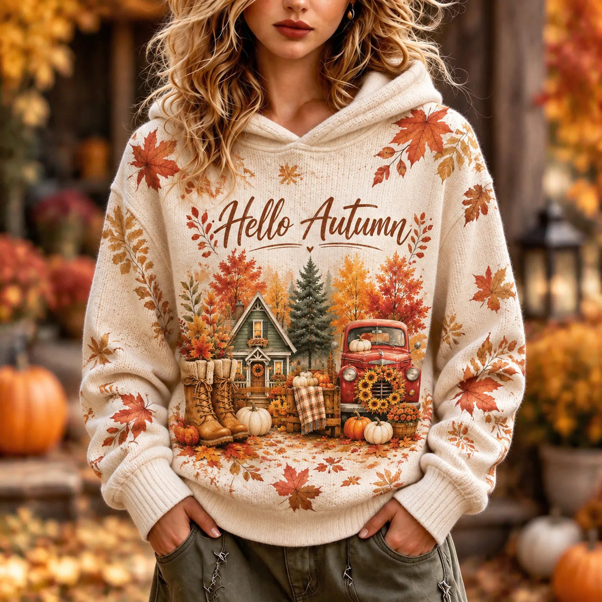 Cardydony Women's Autumn/winter Maple Leaf Print Hooded Sweater